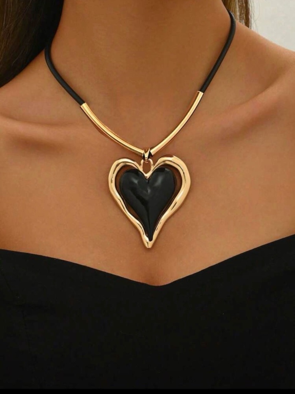 Gold Heart Pendant Necklace with Black Inlay